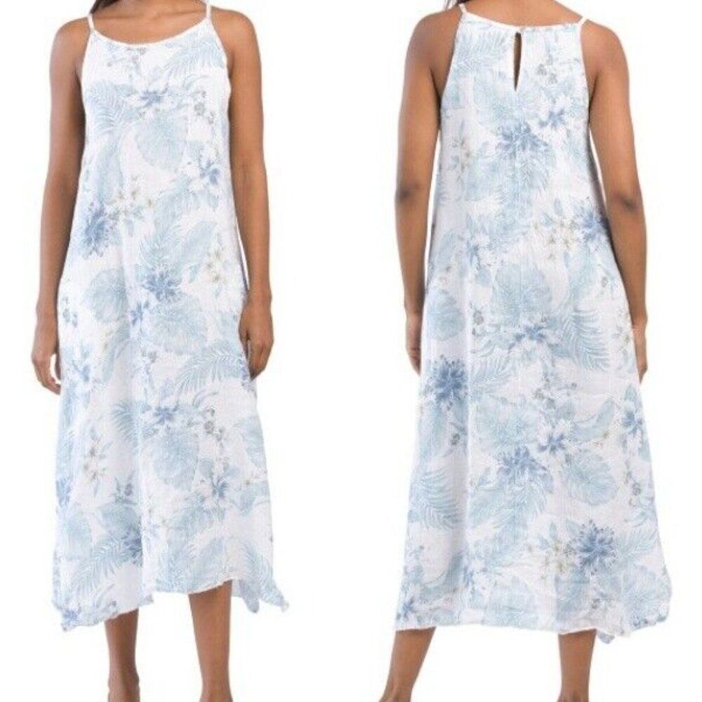 Lungo L'Arno Linen Floral Printed Long Dress w/Slits Size L Beach Vacation NWT
